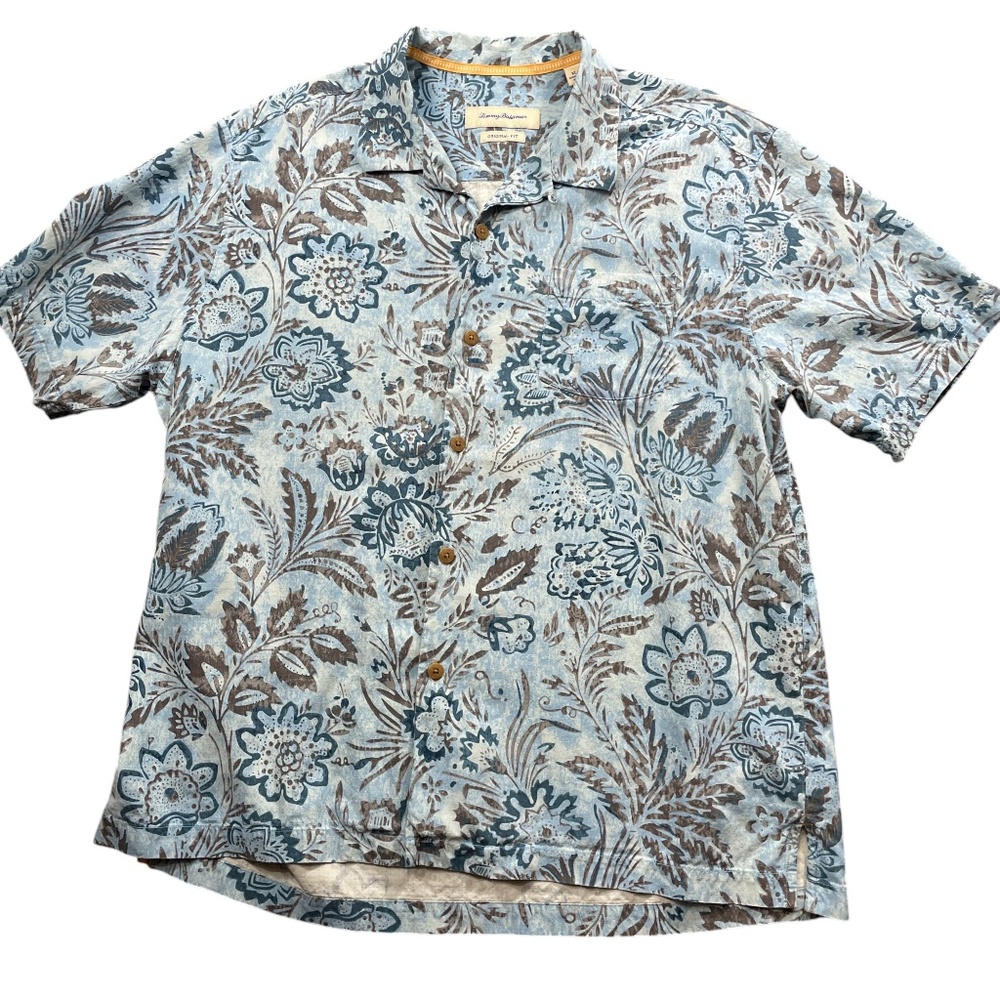 Tommy Bahama XL Hawaiian‎ Men's Short Sleeve 100% Silk Button Up Blues